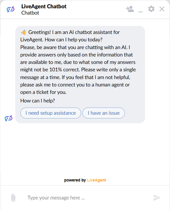 LiveAgent'i vestlusaken, mis näitab AI vestlusroboti tervitust kahe vajutatava vastusenupuga seadistusabi ja probleemist teatamise jaoks