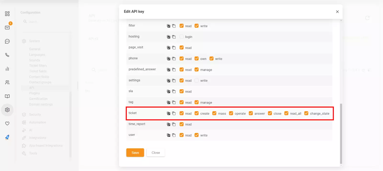 API võtme redigeerimine LiveAgent'is, näidates uusi 'close' ja 'change_state' õigusi
