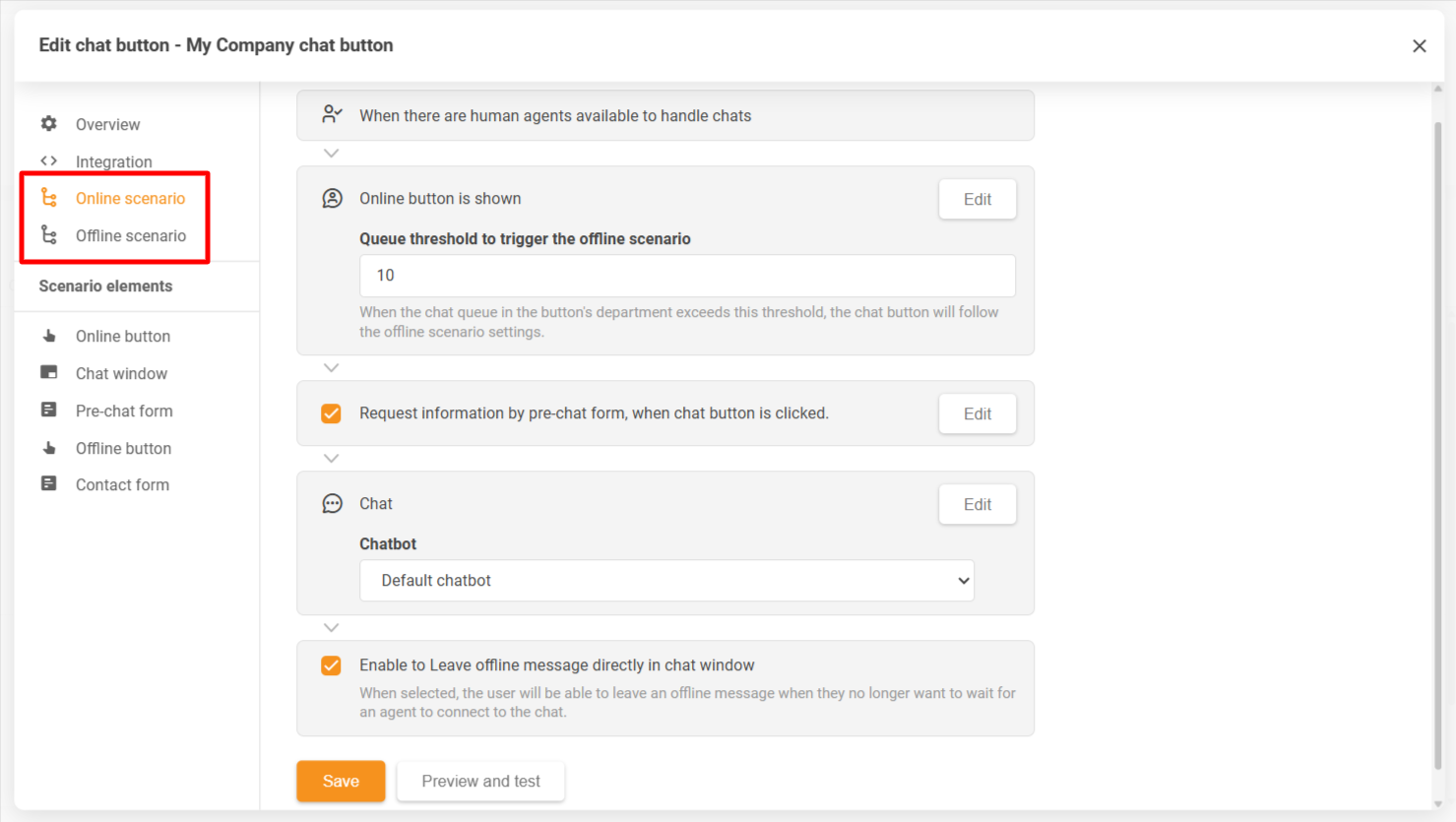 LiveAgent vestlusenupu konfiguratsiooniaaken, mis näitab võrgus ja võrgust väljas olevaid stsenaariumeid