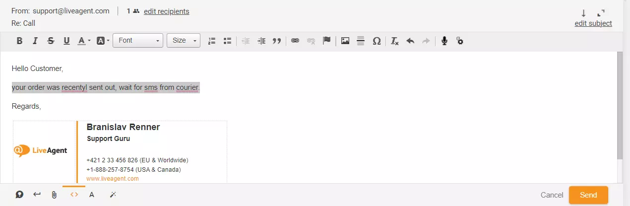 Pilt, mis näitab LiveAgent'is esile tõstetud vastust piletile