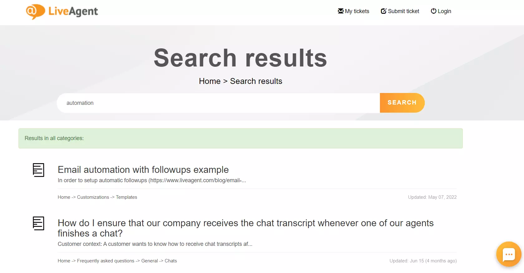 LiveAgent teadmistebaasi otsingufunktsioon