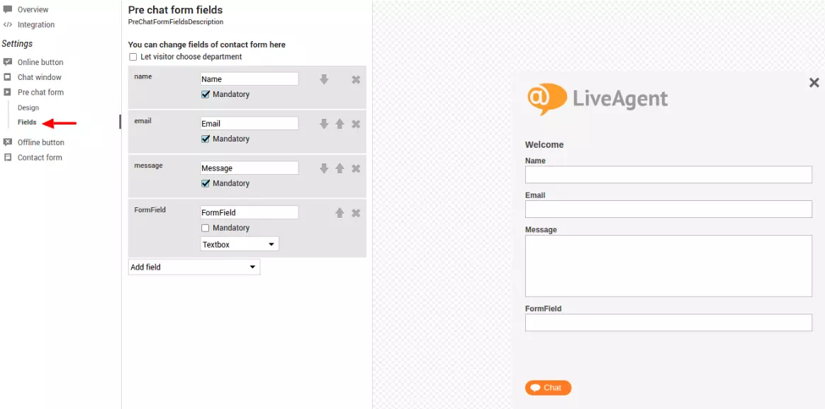 Pilt, millel kuvatakse eelse vestluse väljade sätteid LiveAgent live chat tarkvara jaoks.