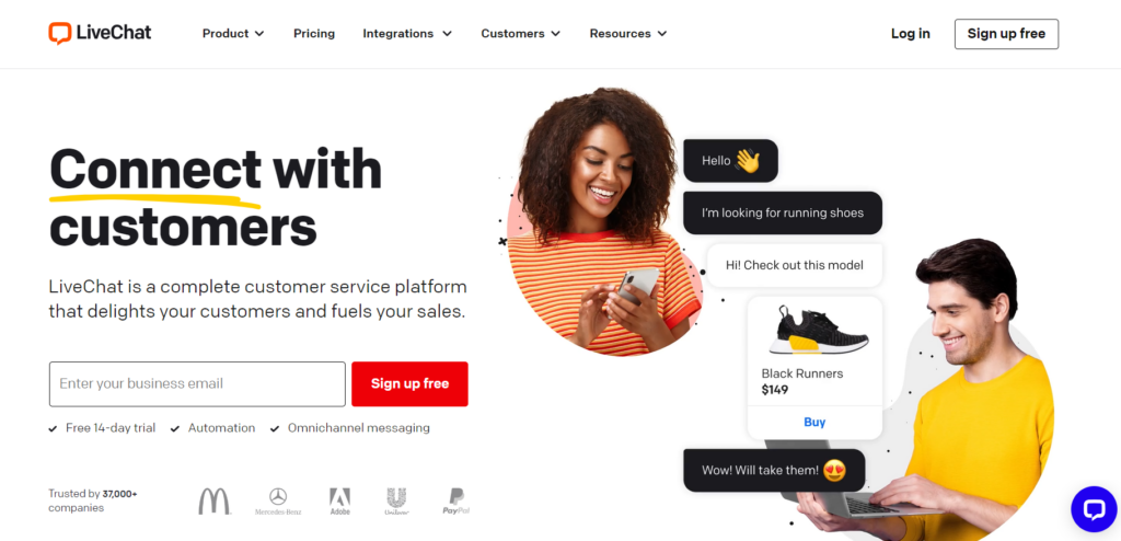 LiveChat'i kodulehe kuvatõmmis, klienditeeninduse platvorm klientide suhtlemise haldamiseks