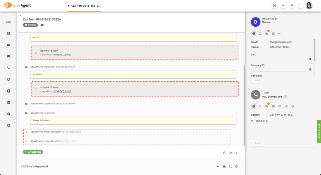 Ühendatud pileti lõim LiveAgentis