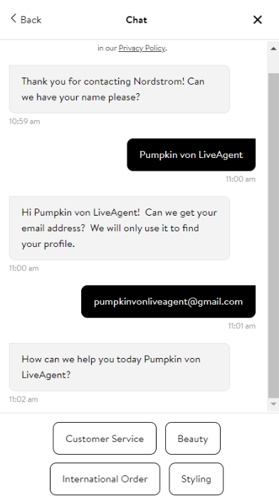 Nordstromi chatbot funktsioon