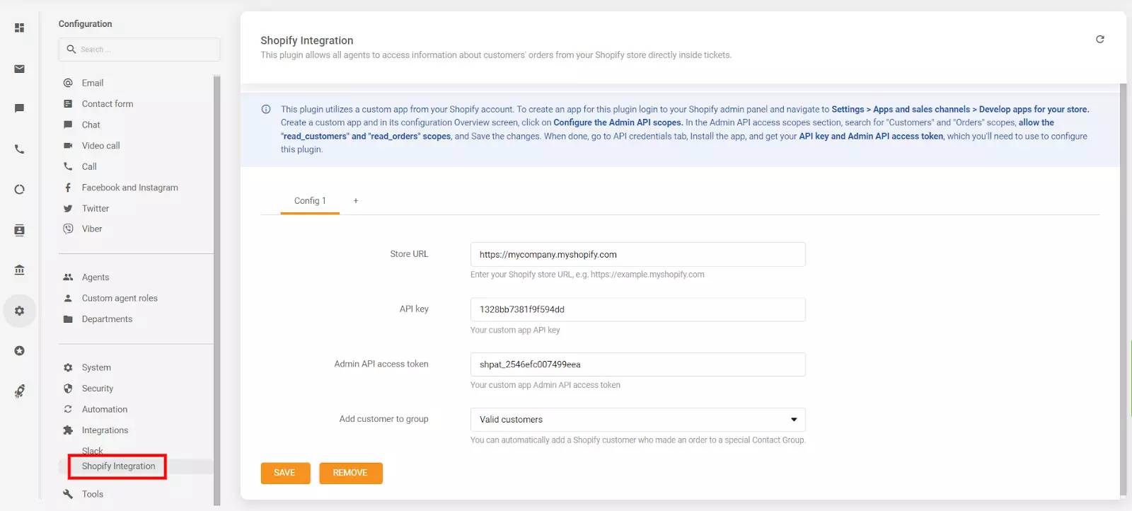API võtme ja API juurdepääsu märgi paigutamine LiveAgent'i konfiguratsiooni jaotisse