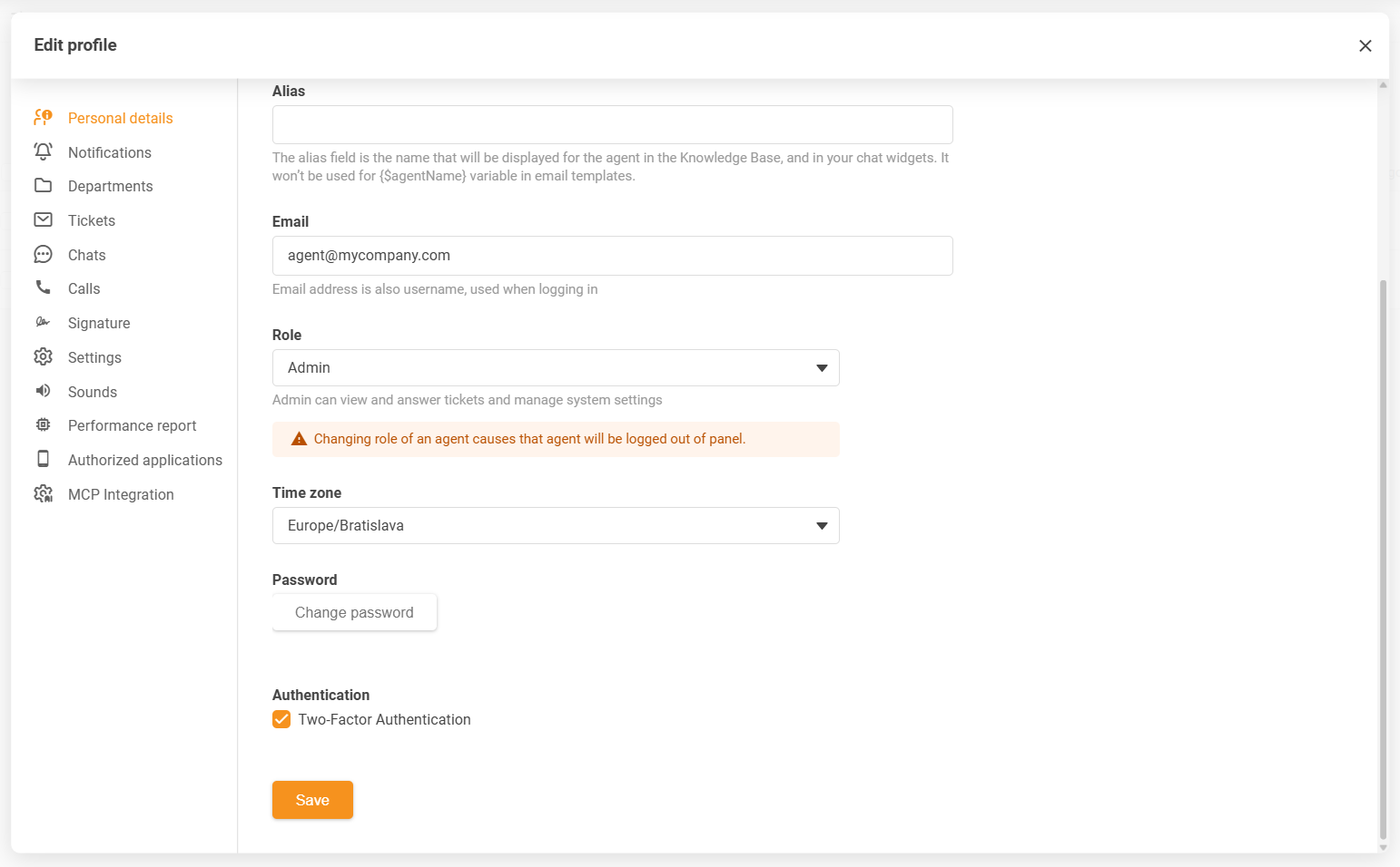 LiveAgent agendi profiili ajavööndi seaded