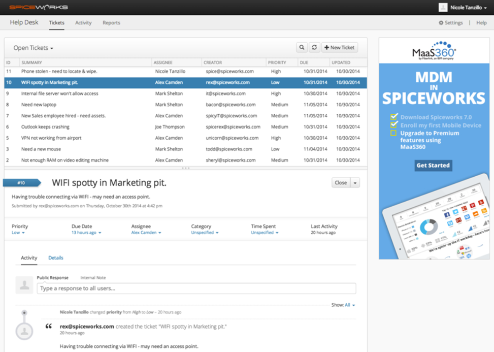 Spiceworks Cloud Help Desk'i piletite loend kasutajaportaali esitustega