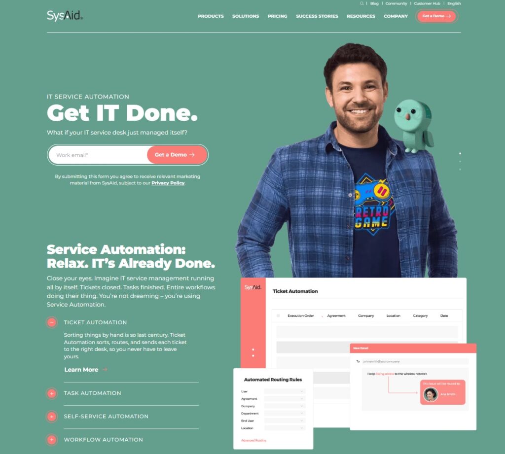 SysAid'i kodulehe pilt - kõik-ühes teenuste halduse tarkvara IT spetsialistidele