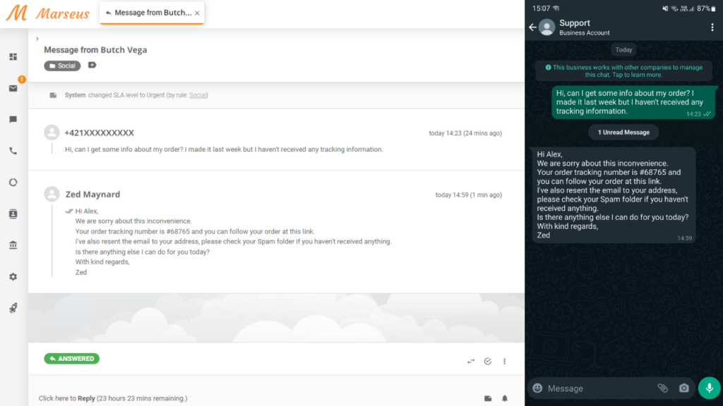 WhatsApp sõnum näidatud piletina LiveAgentis