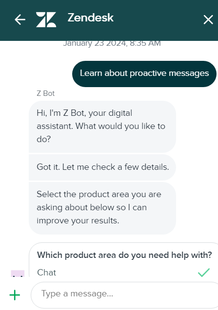 Pilt näitab, kuidas Zendesk'i live chat vestlus välja näeb