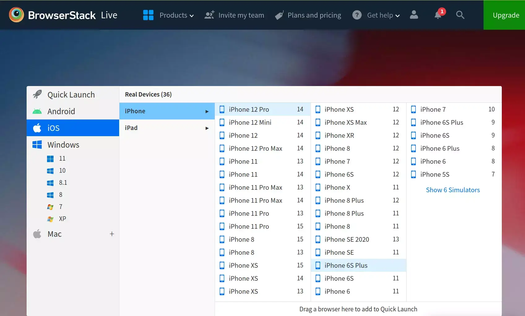 BrowserStack simuleerib paljusid mobiilplatvorme ja operatsioonisüsteemi versioone