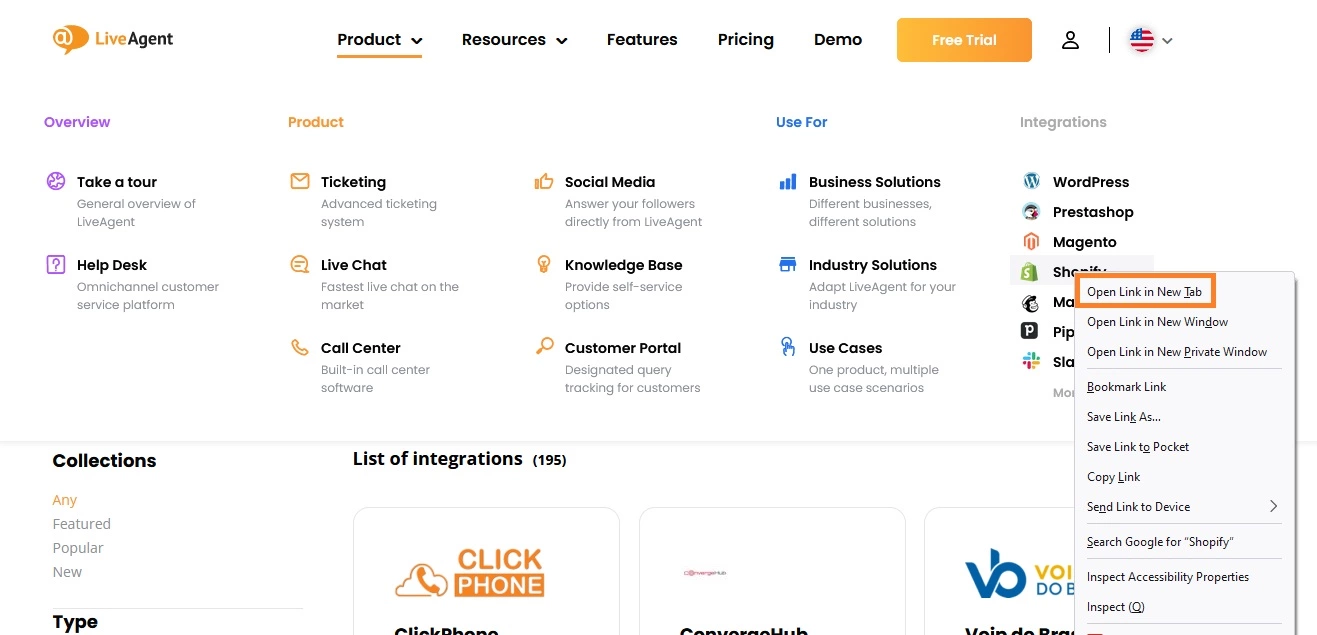 Uue vahekaardi näide LiveAgent'i lehel