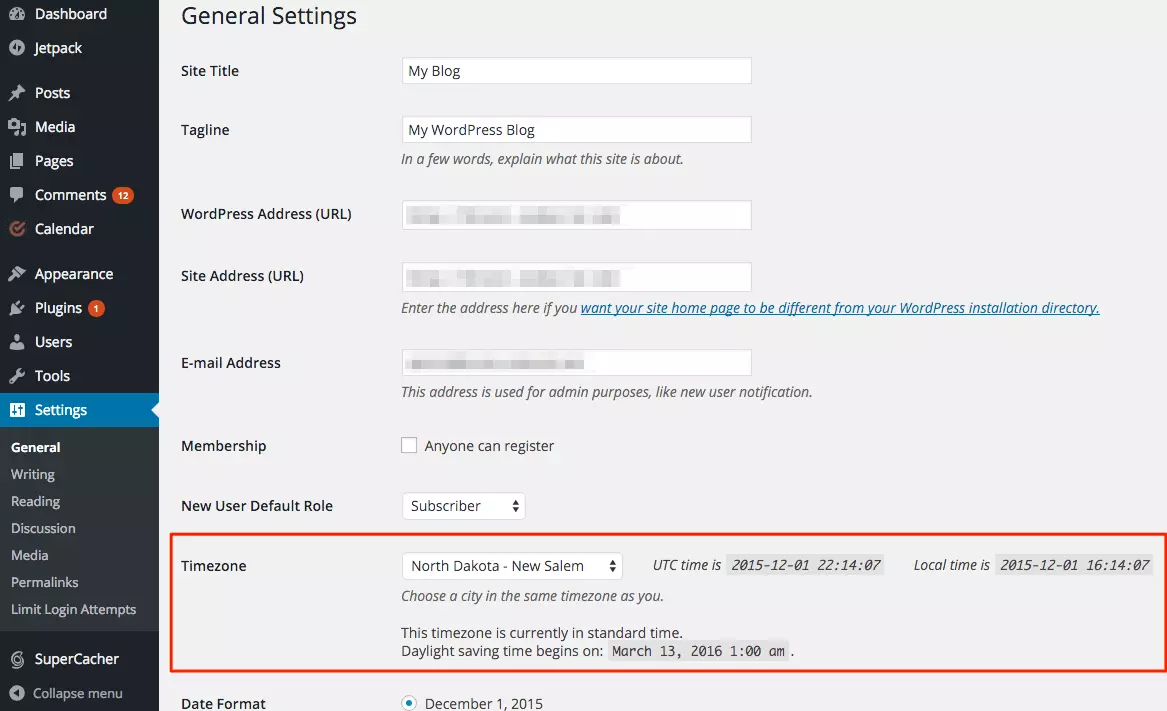 WordPressi ajavööndi seaded
