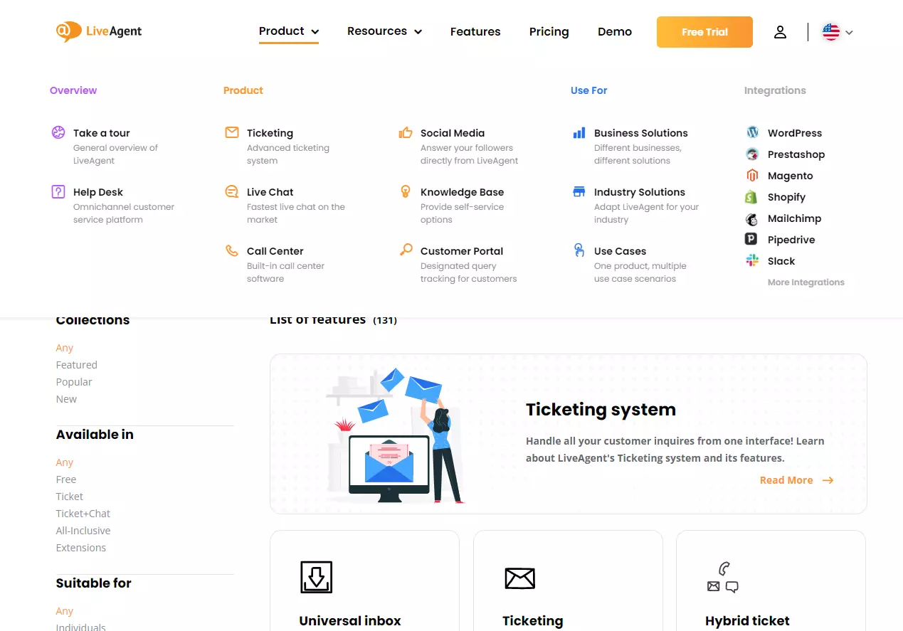 LiveAgent'i peamine ja külgmine päis