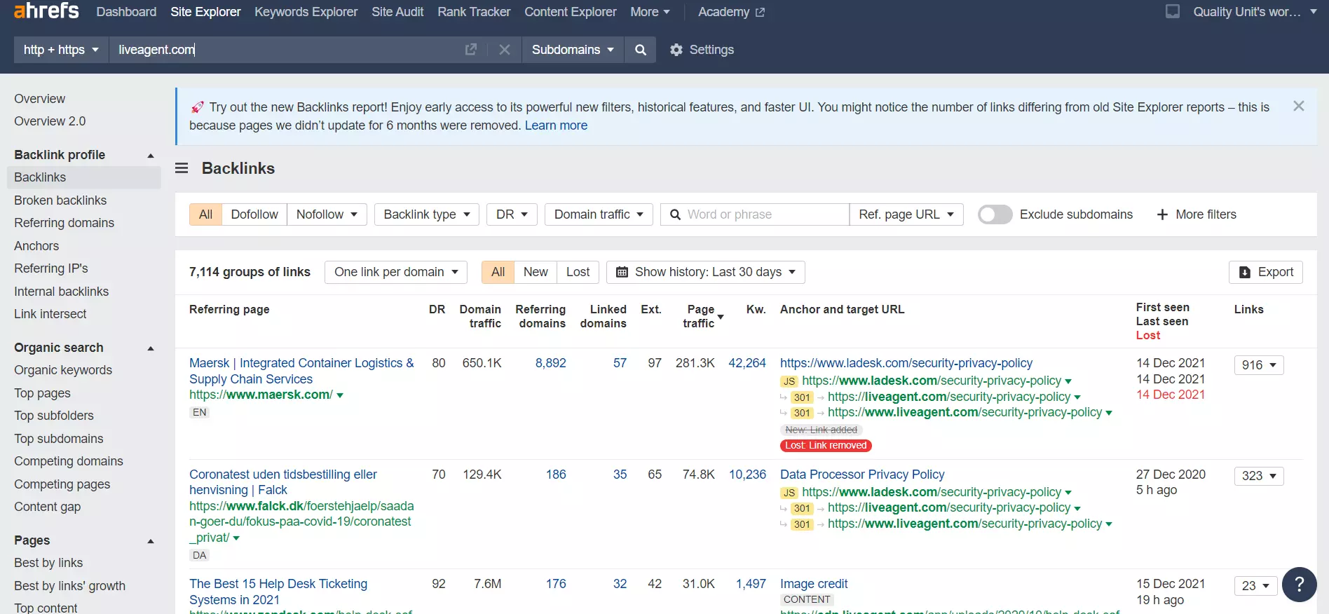 Välised tagasilingid Ahrefs näide