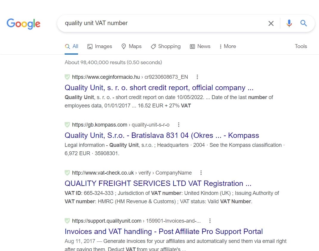 Quality Unit KM number Google otsing