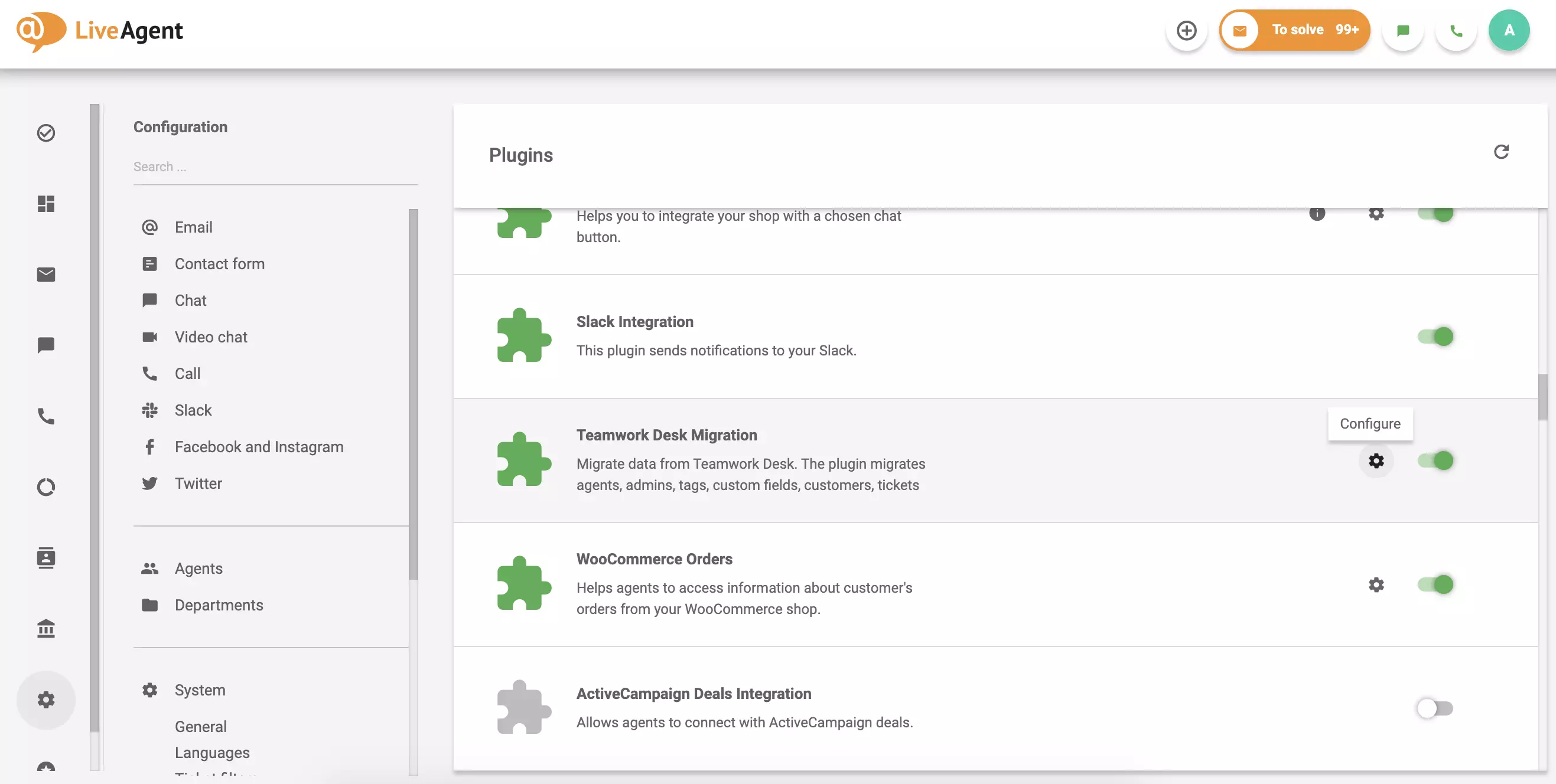 Klõpsake aktiivse plugina konfiguratsiooni