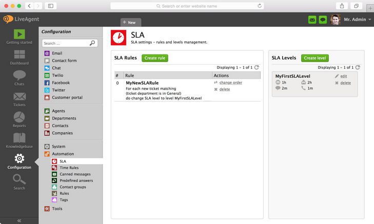Pilt näitab, kus leida SLA seadeid LiveAgentis