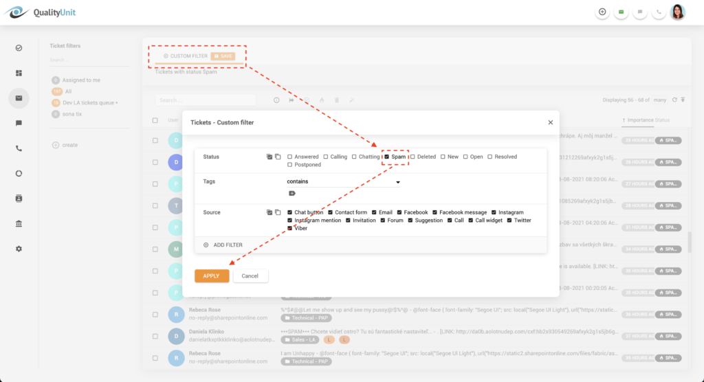 Spam filter LiveAgent'is