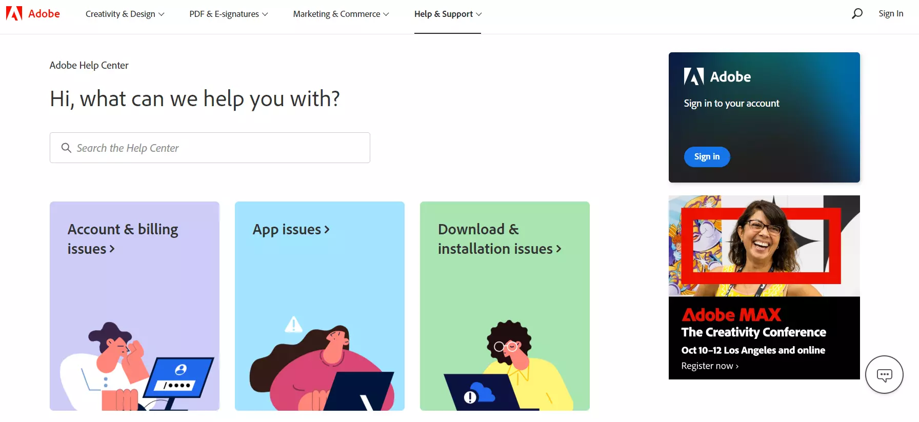Adobe teadmusbaasi sihtleht, mis näitab nende teadmiste halduse süsteemi.