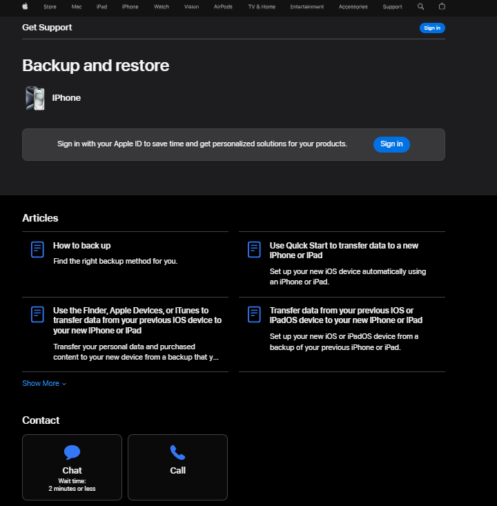Apple tugileht, mis näitab nende tugivalikuid