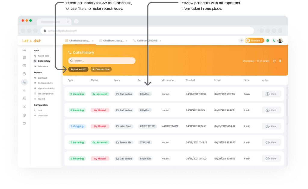 Kõne ajaloo funktsioon LiveAgenti kõnekeskuses