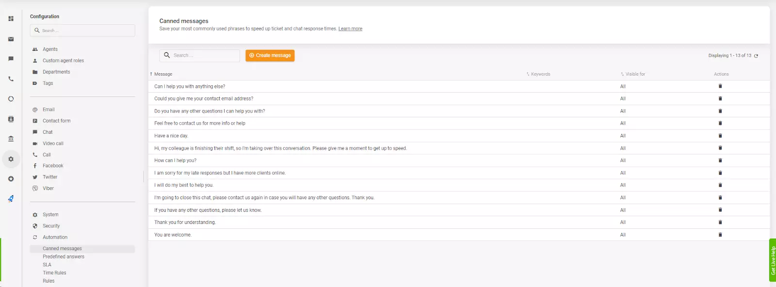 Konserveeritud vastused LiveAgent agendi kasutajaliidese automatiseerimiste all