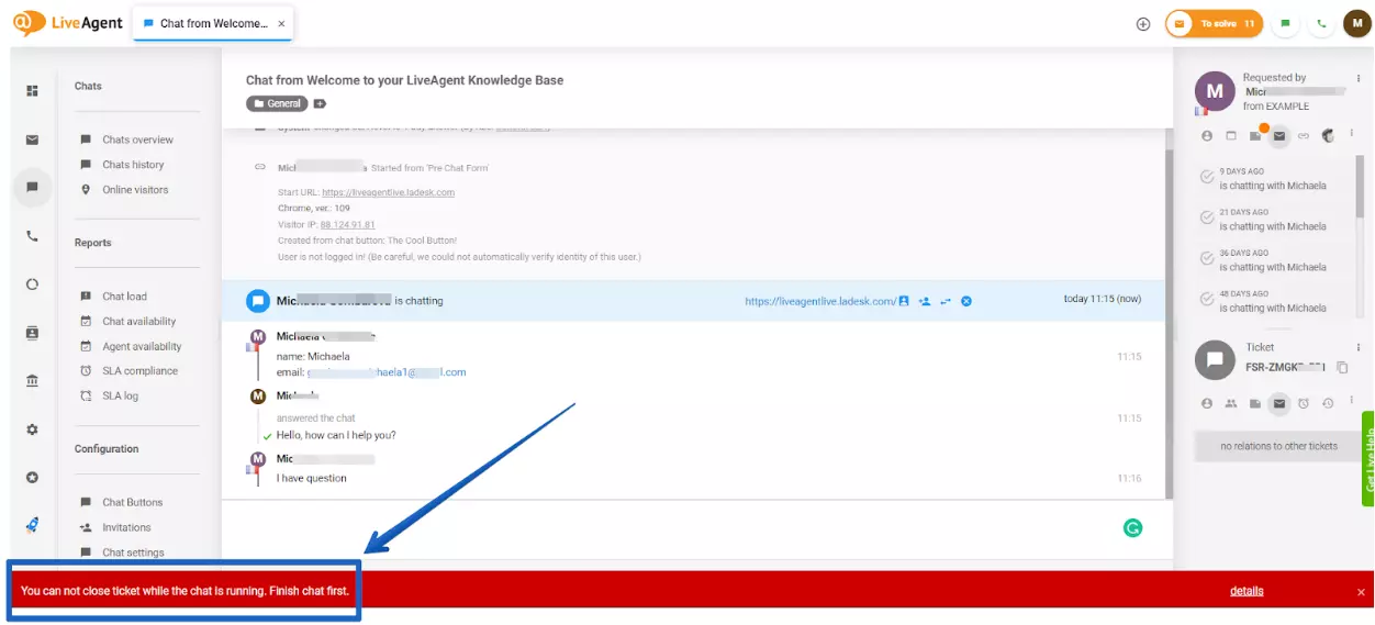 LiveAgent - lahendamata vestluse hoiatus