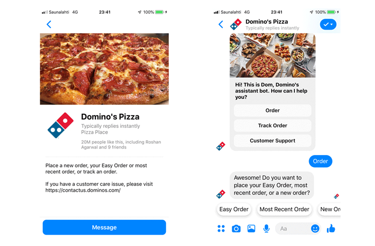 Domino's Pizza Messengeri live chat tellimuste esitamiseks