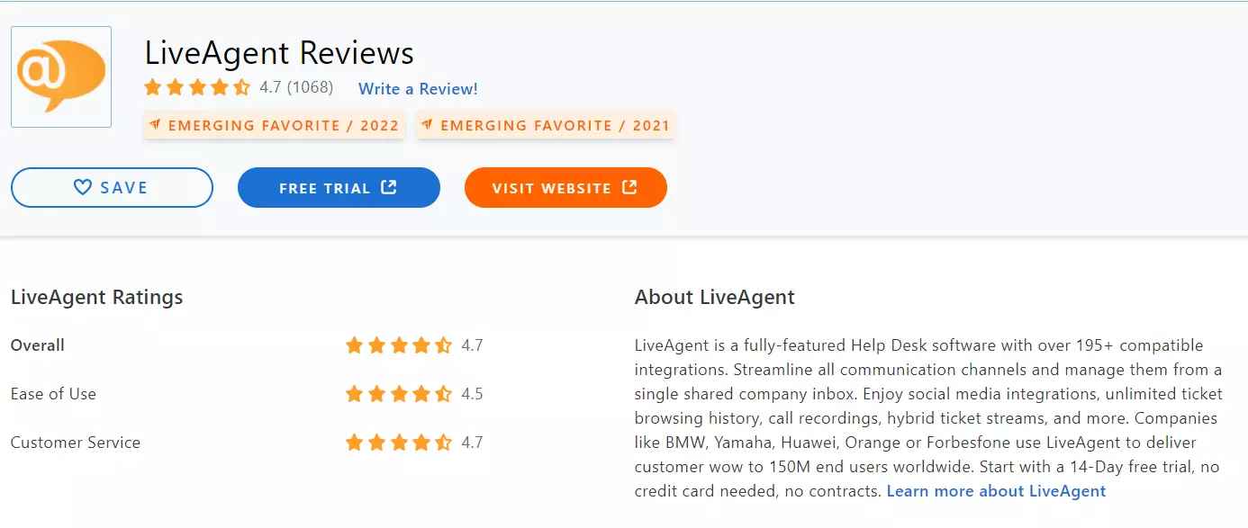 LiveAgent Capterra arvustus 2022