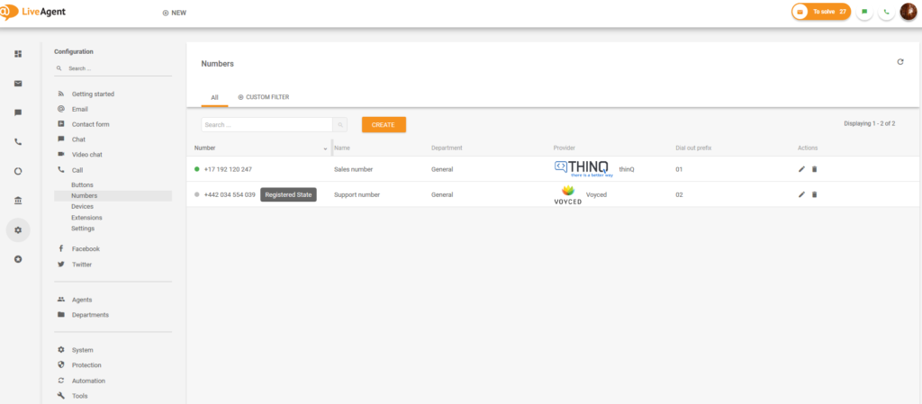 LiveAgenti numbrite seadistamine