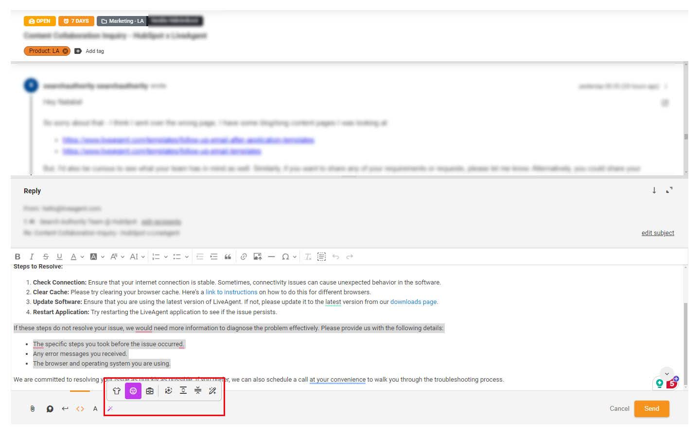 Pilt esiletõstetud AI assistendi funktsioonist tugipileti