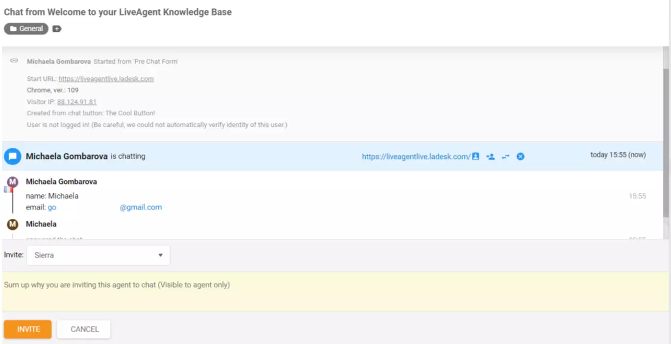 LiveAgent agent kutsutud vestlusesse