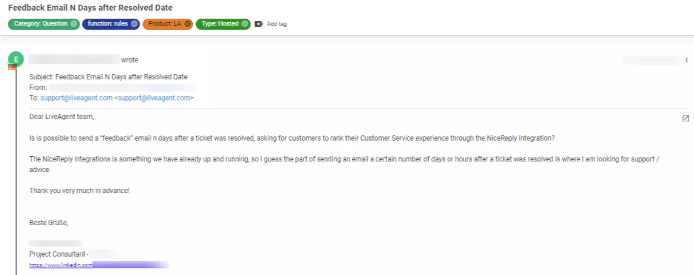 Kuvatõmmis toest, mis näitab kliendi probleemi, mida peetakse madalaks prioriteediks.
