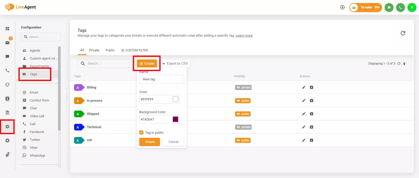 Pilt näitab, kus leida ja luua märgiseid LiveAgentis