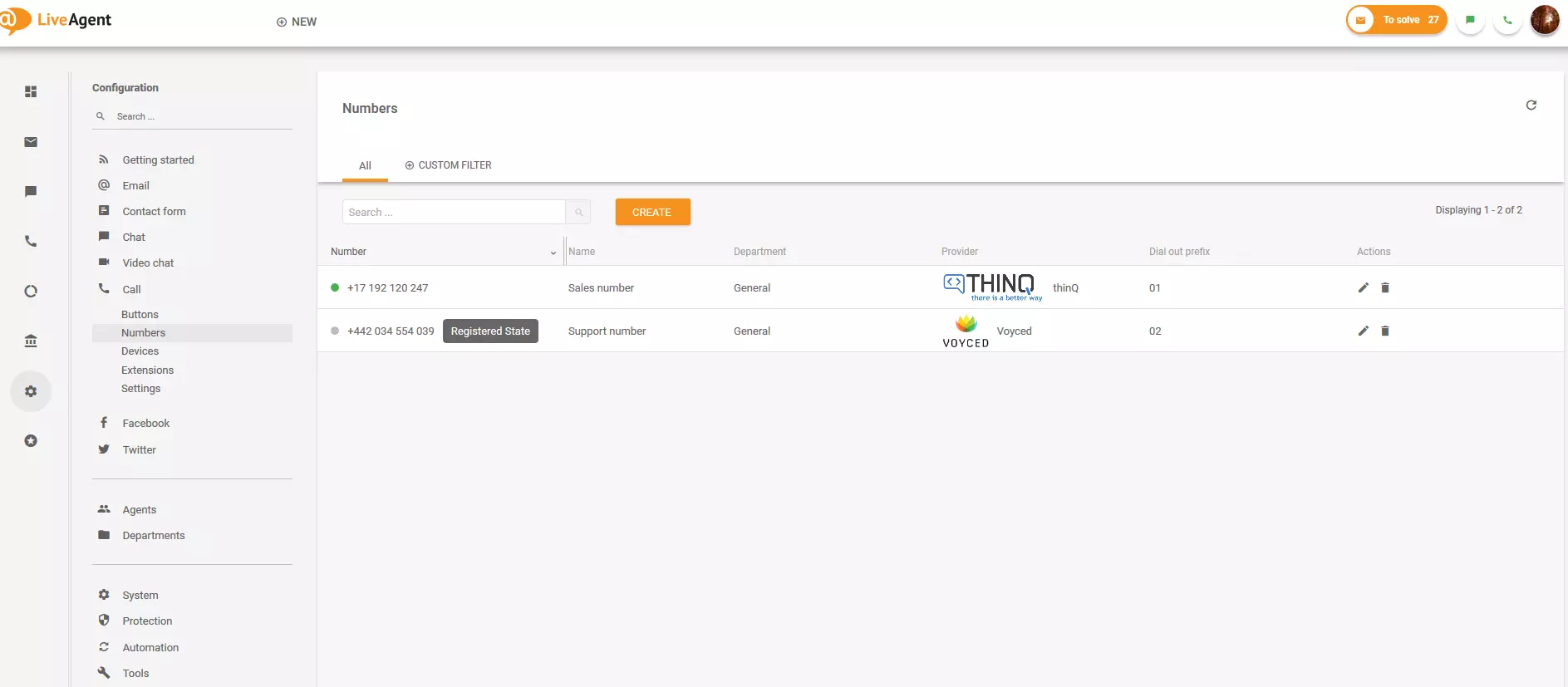 Numbrite jaotis LiveAgentis