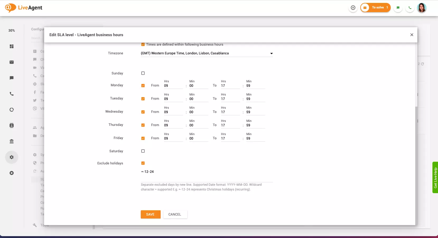Tööaja seadistamine LiveAgentis