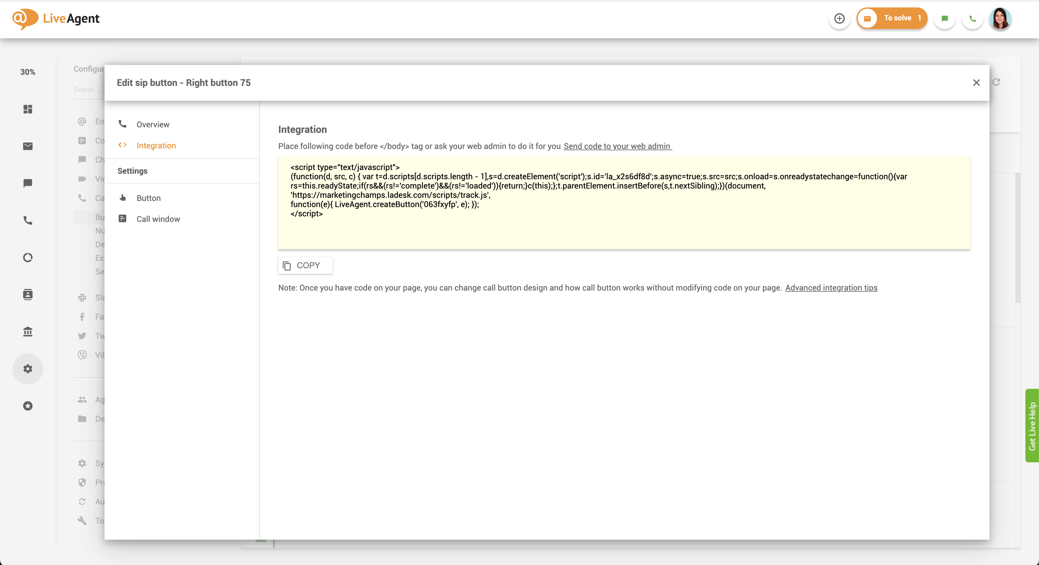 Helistamise nupu integreerimise kood
