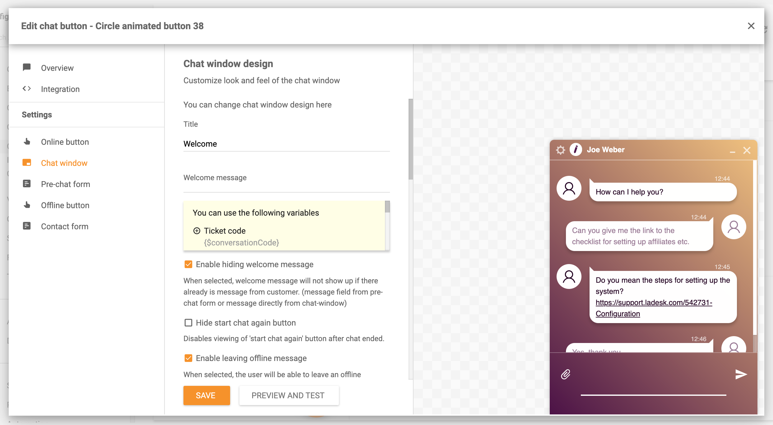 Vestluse akna kujunduse valikud