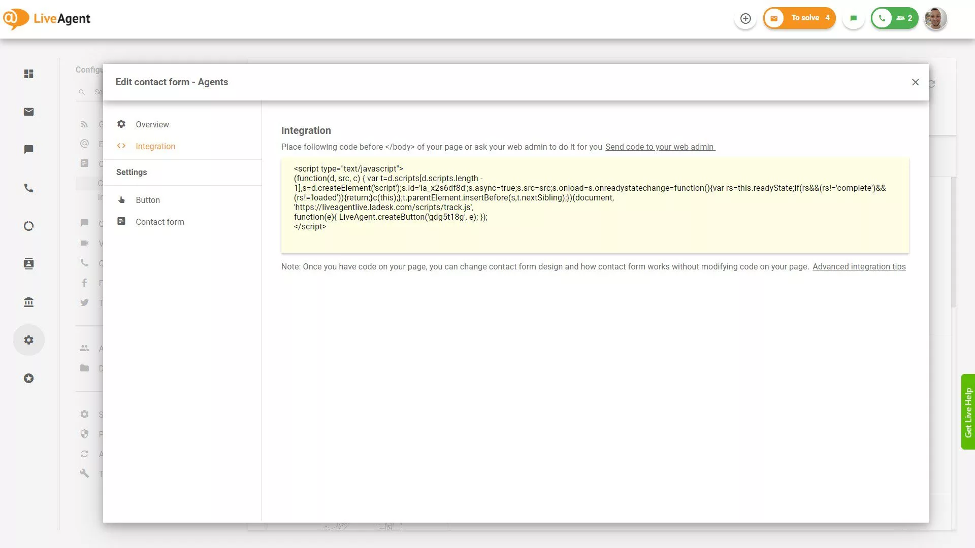 LiveAgent kontaktivormide integreerimise kood