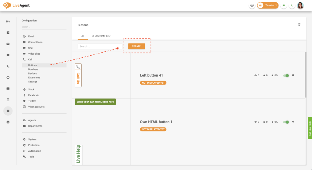 Helistamise nupu loomine LiveAgentis