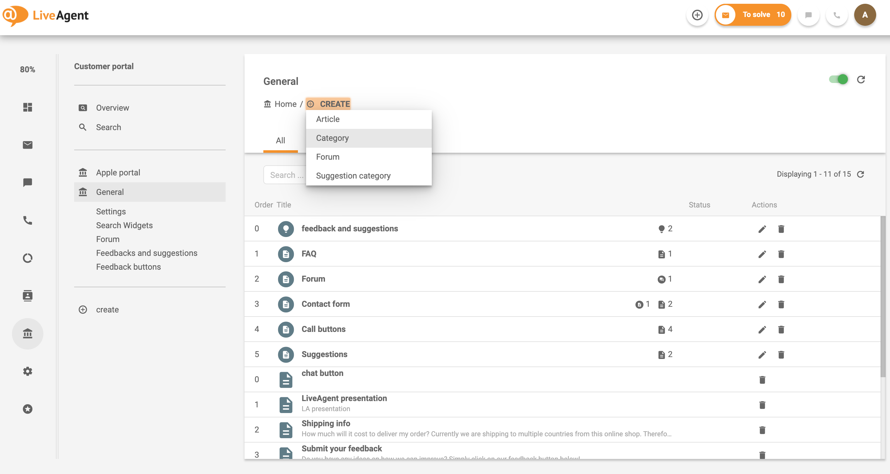 Näide kategooria loomisest kliendiga seotud portaali jaoks LiveAgenti teadmusbaasi süsteemis