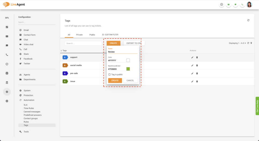 LiveAgenti sildi loomise funktsioon