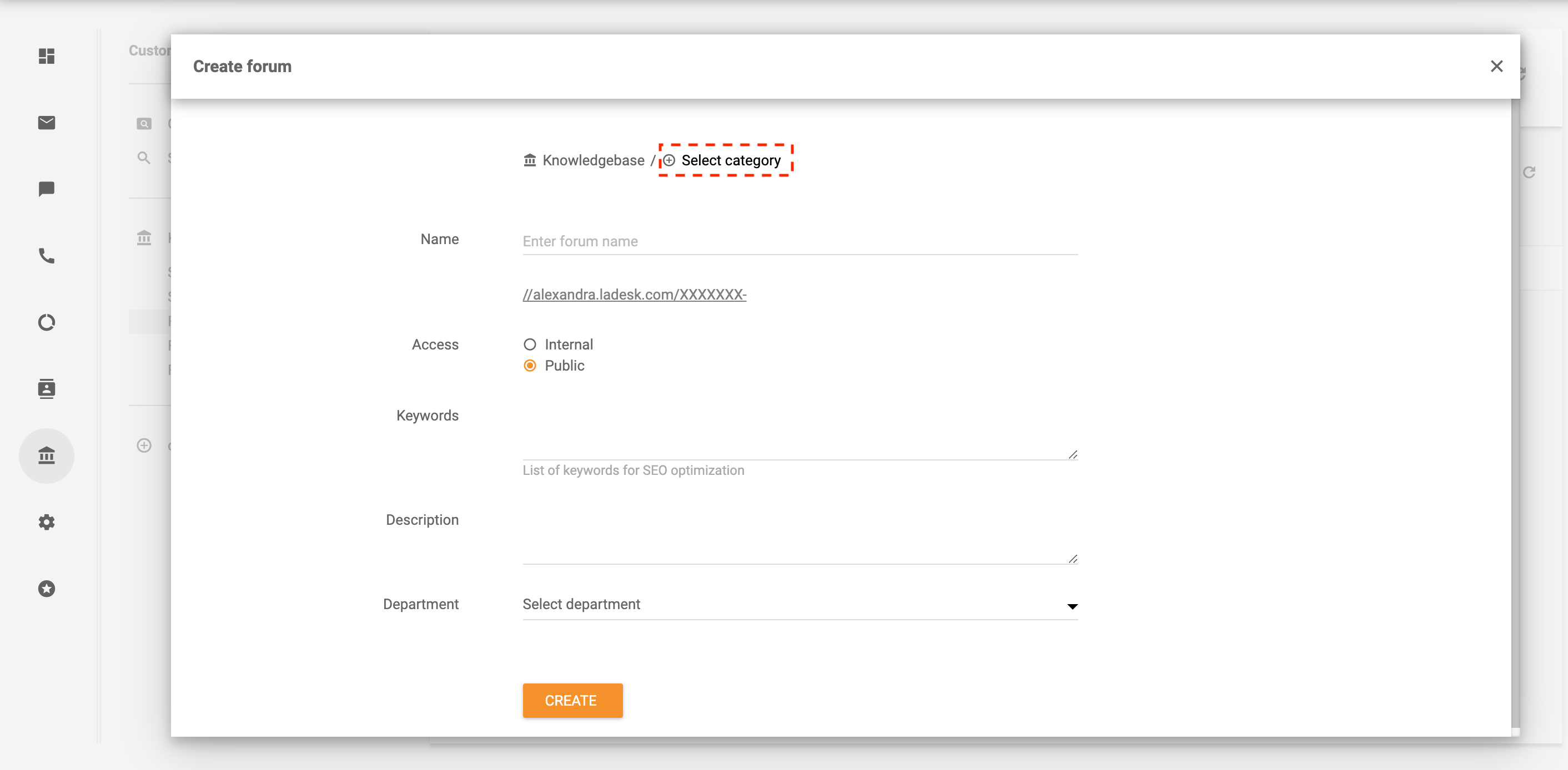 Kategooria valimine kliendi foorumile - LiveAgent