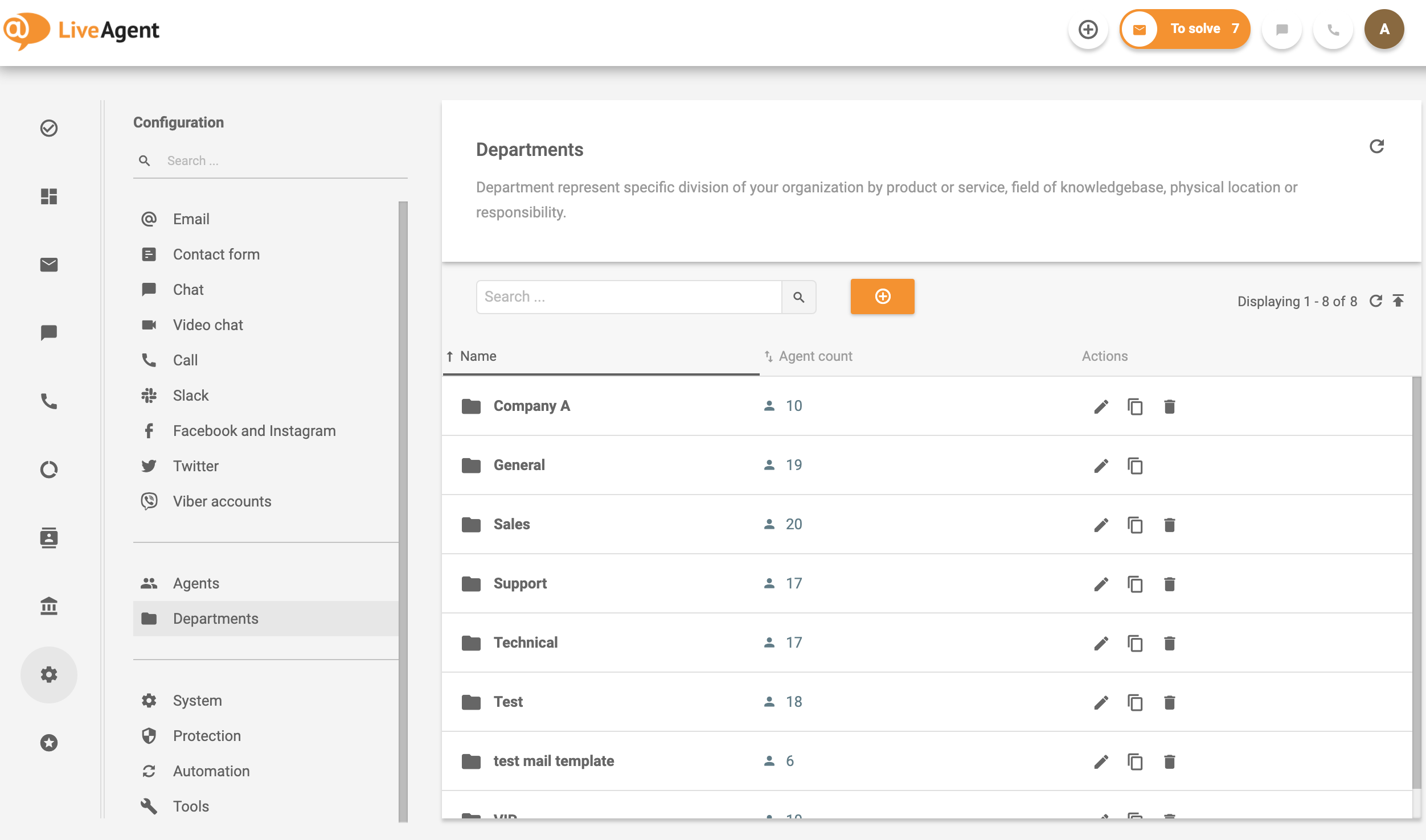Osakondad LiveAgentis