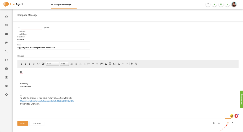 HTML-redaktori nupp LiveAgentis