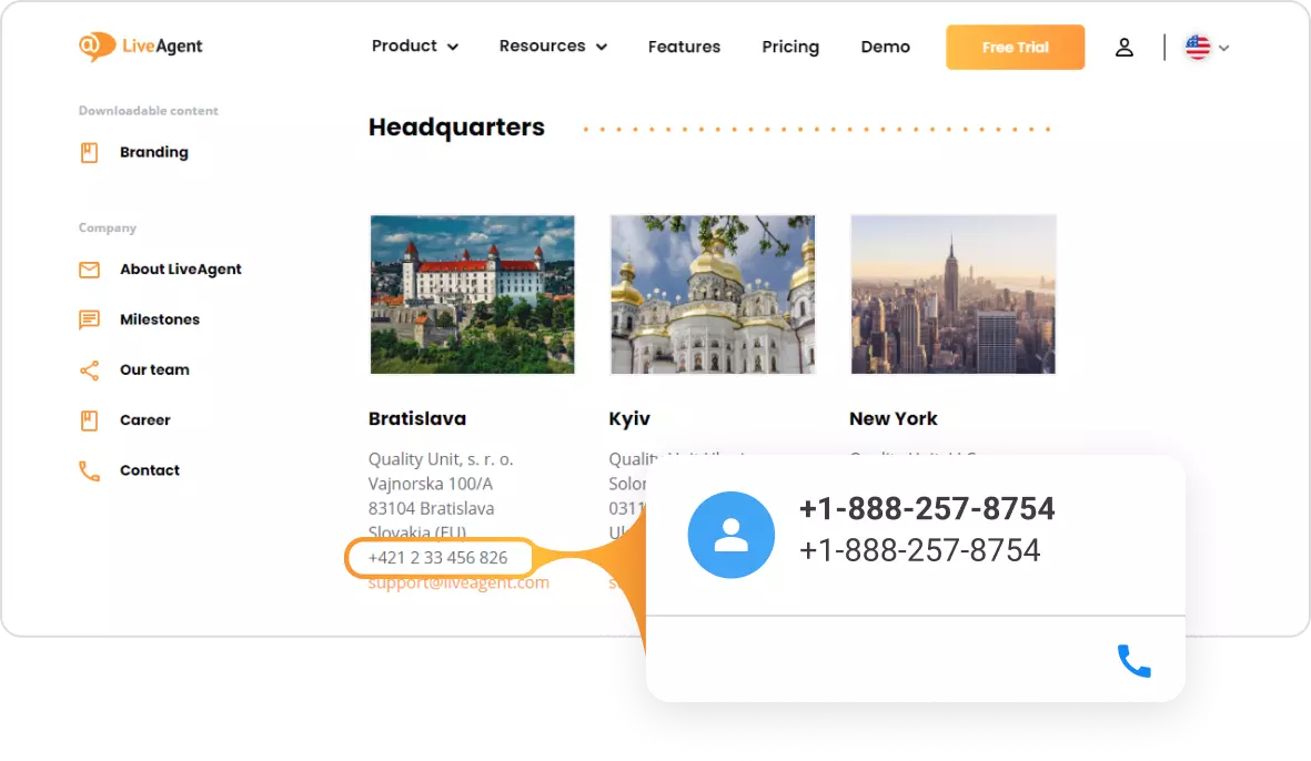 LiveAgenti klõpsa helistamiseks kontaktikaart
