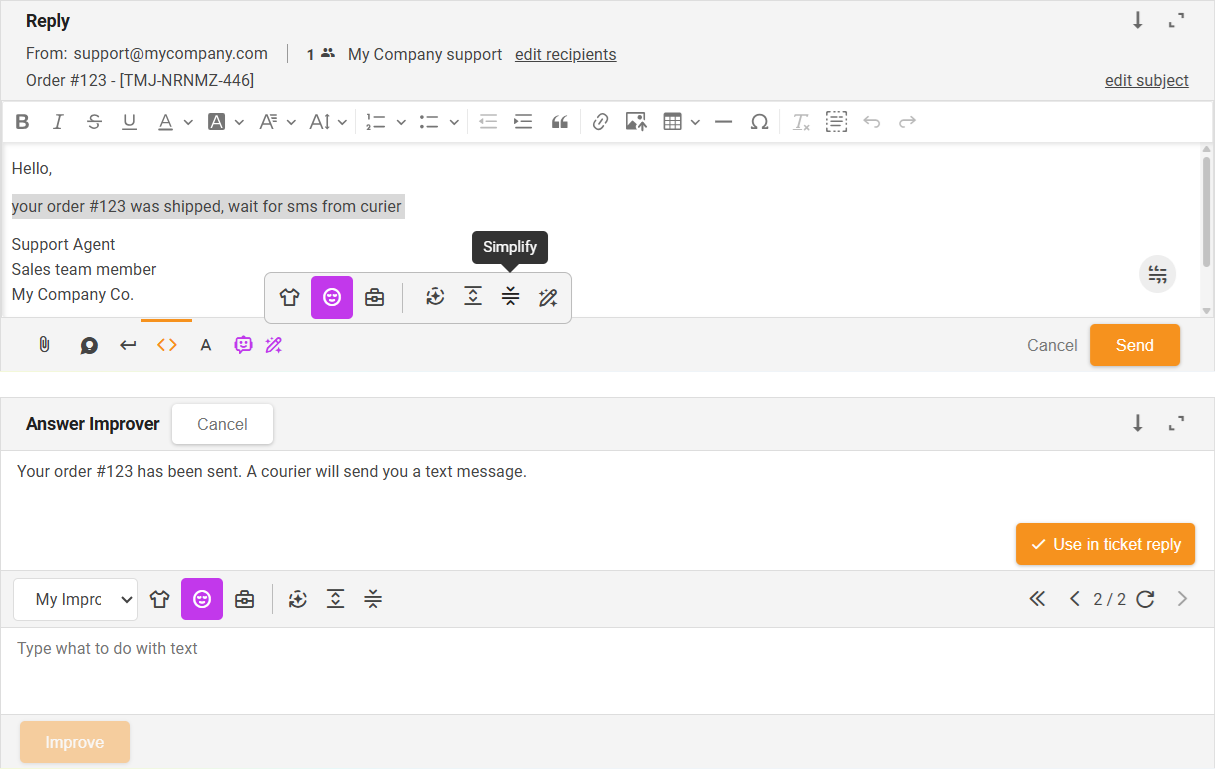 Lihtsustamise funktsioon AI vastuste parandaja - liidese ülevaade