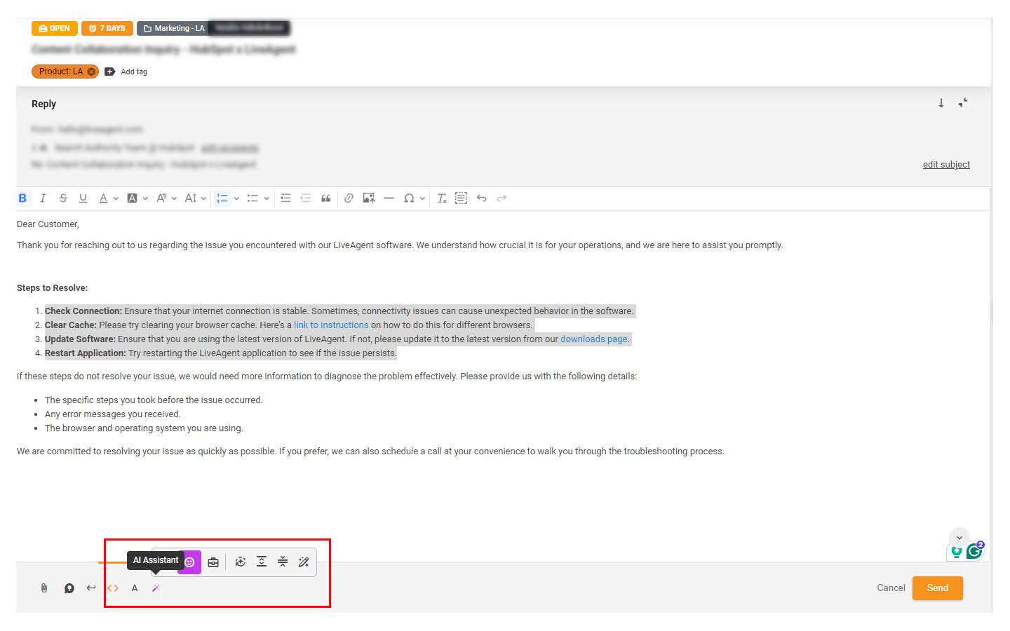 LiveAgent AI assistent aitab piletile vastata